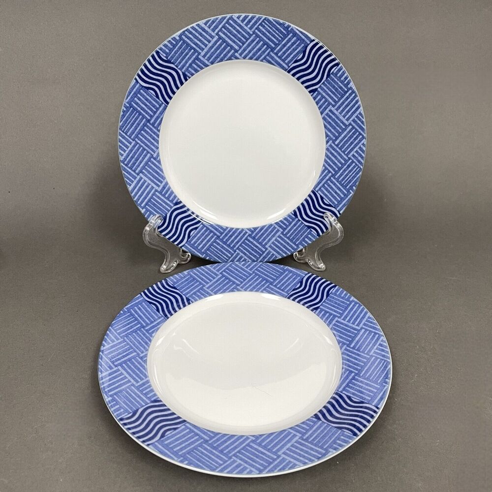 Crate & Barrel Rafia Blue White Waves Wavy Salad Plates Lead Cadmium Free - 2